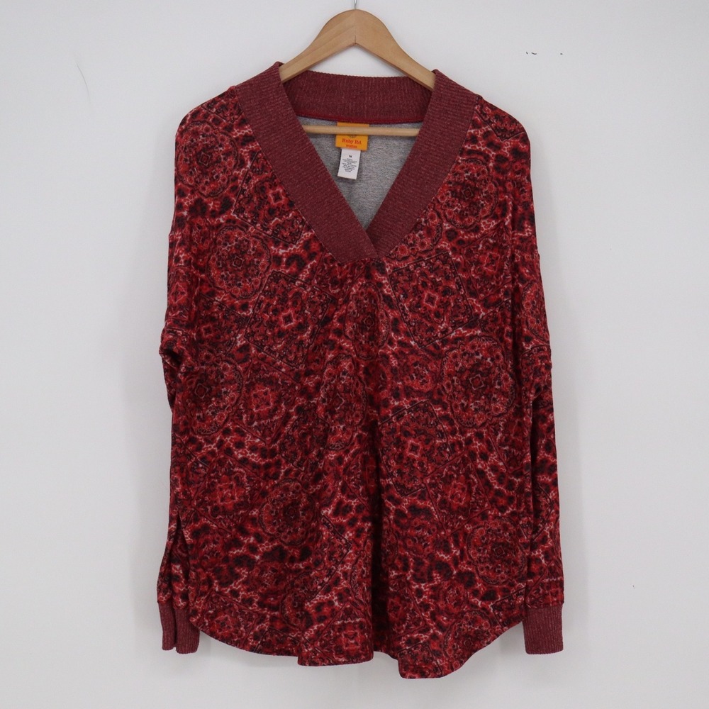 Ruby Rd Top Womens 1X Paisley Red V-Neck Ribbed Trim Excellent